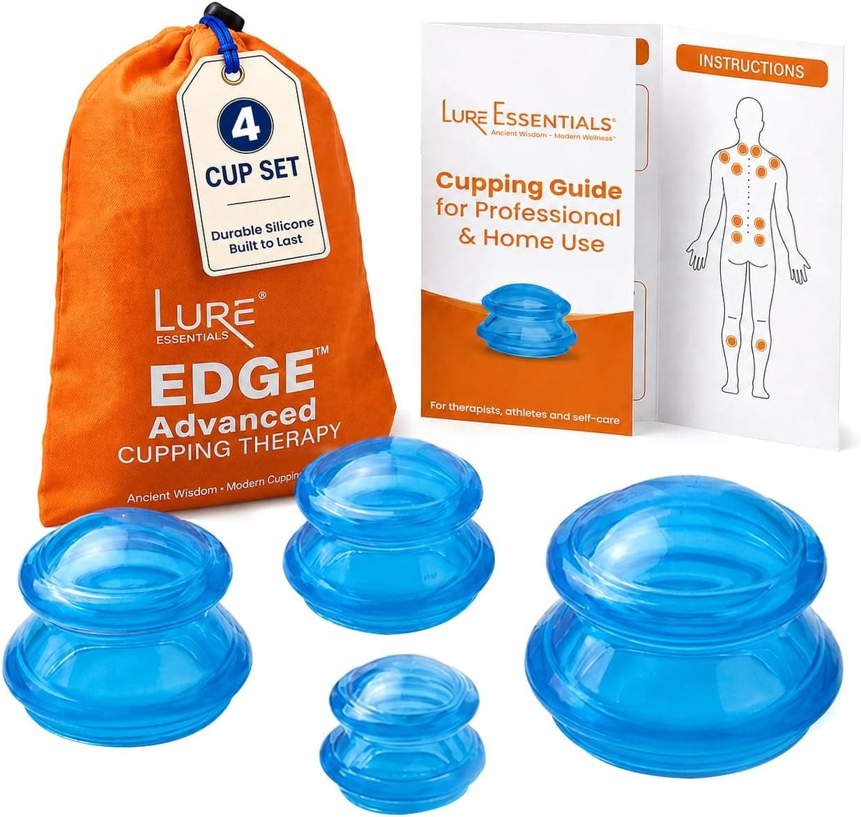 Lure Essentials Silicone Cupping Therapy Set - 4 Cup Kit (Blue)