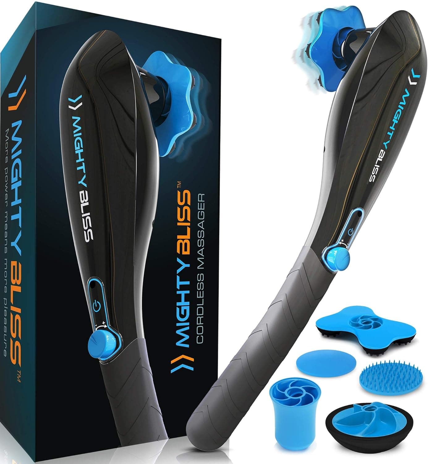 Mighty Bliss Deep Tissue and Back Massager, Cordless Handheld Electric Percussion Muscle Massager, Long Handle, 6 Heads