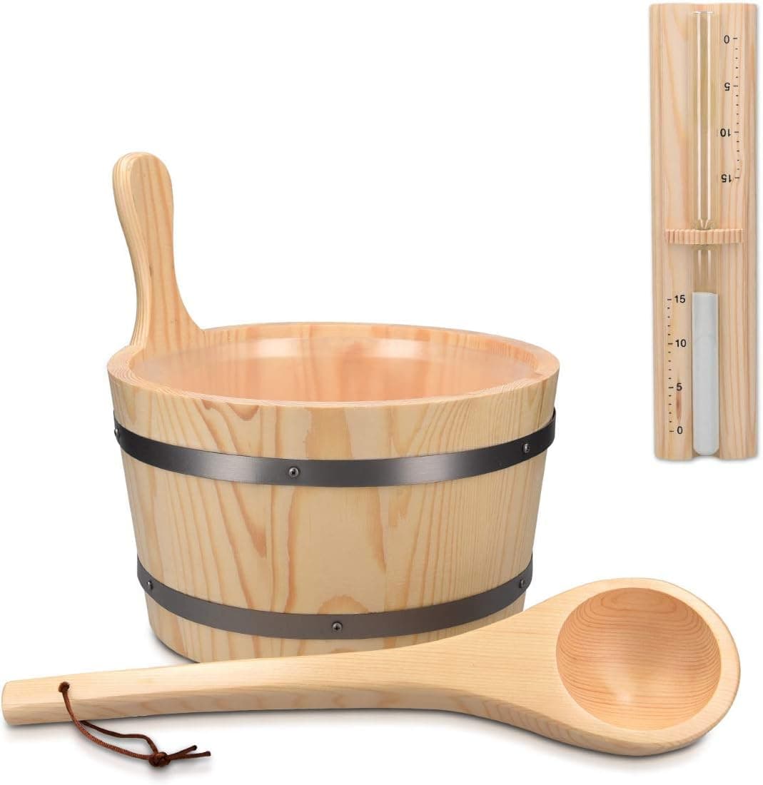Navaris Wooden Sauna Bucket with Ladle, 1.3 Gallon Pine Wood, Plastic Liner, Ladle, Sand Timer