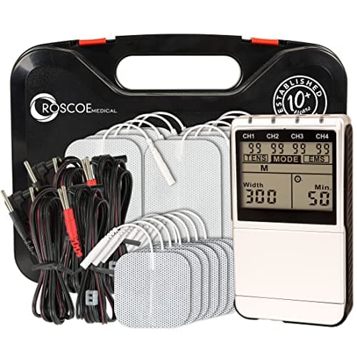 Roscoe Medical TENS Unit and EMS Muscle Stimulator - 16 Electrodes Included, 4-Channel OTC TENS Machine for Back Pain Relief, Lower Back Pain Relief, Neck Pain, Includes Case