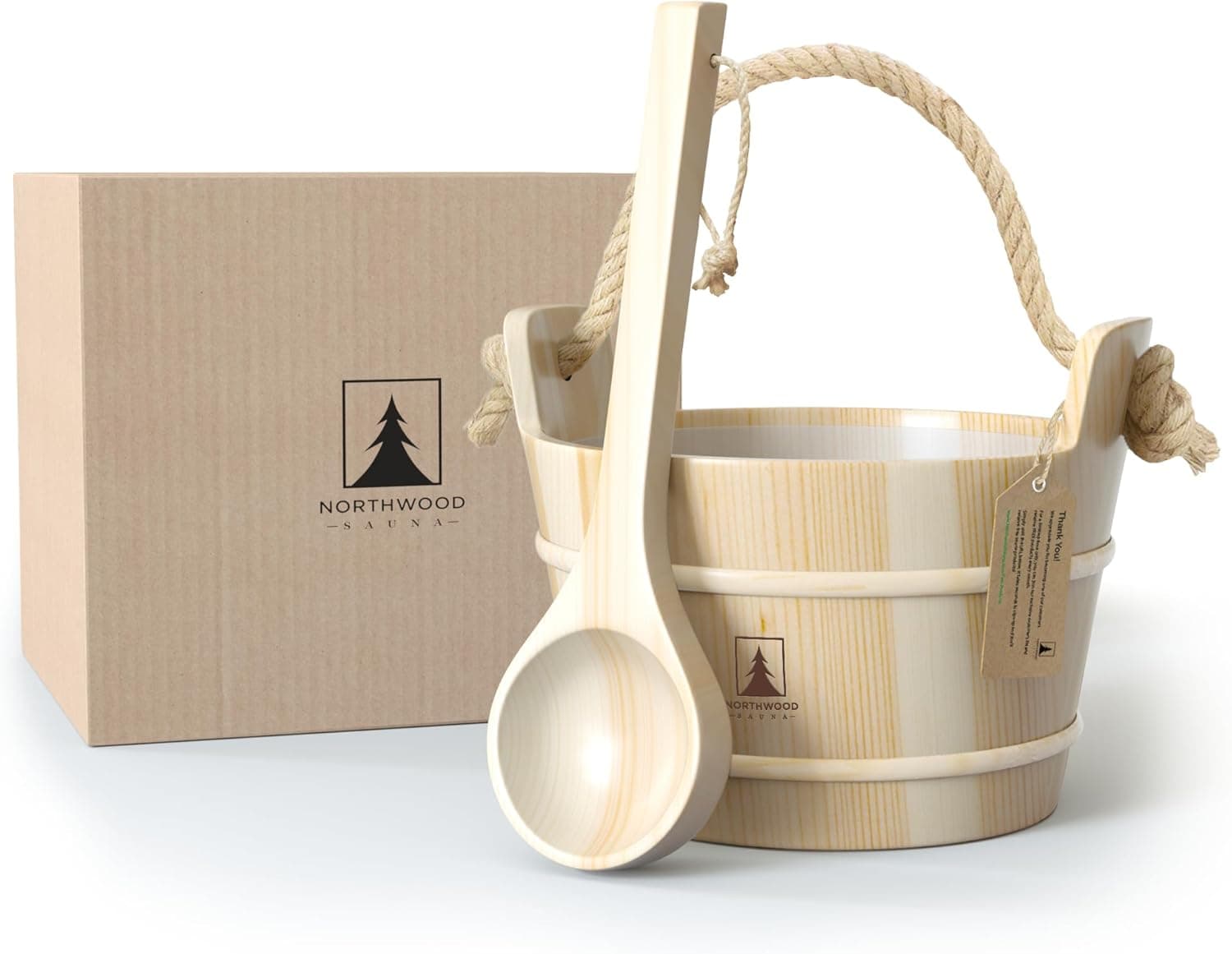 Northwood Sauna Bucket and Ladle Set, Finnish Pine Wood, Natural Rope Handle, 1 Gallon (4L)