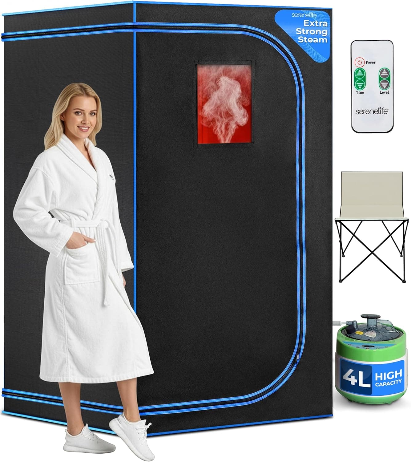 SereneLife Portable Steam Sauna Tent with Extra Large 4L Steamer - Includes Folding Sauna Chair, Remote Control w/ 9 Heat Levels for in-Home Spa