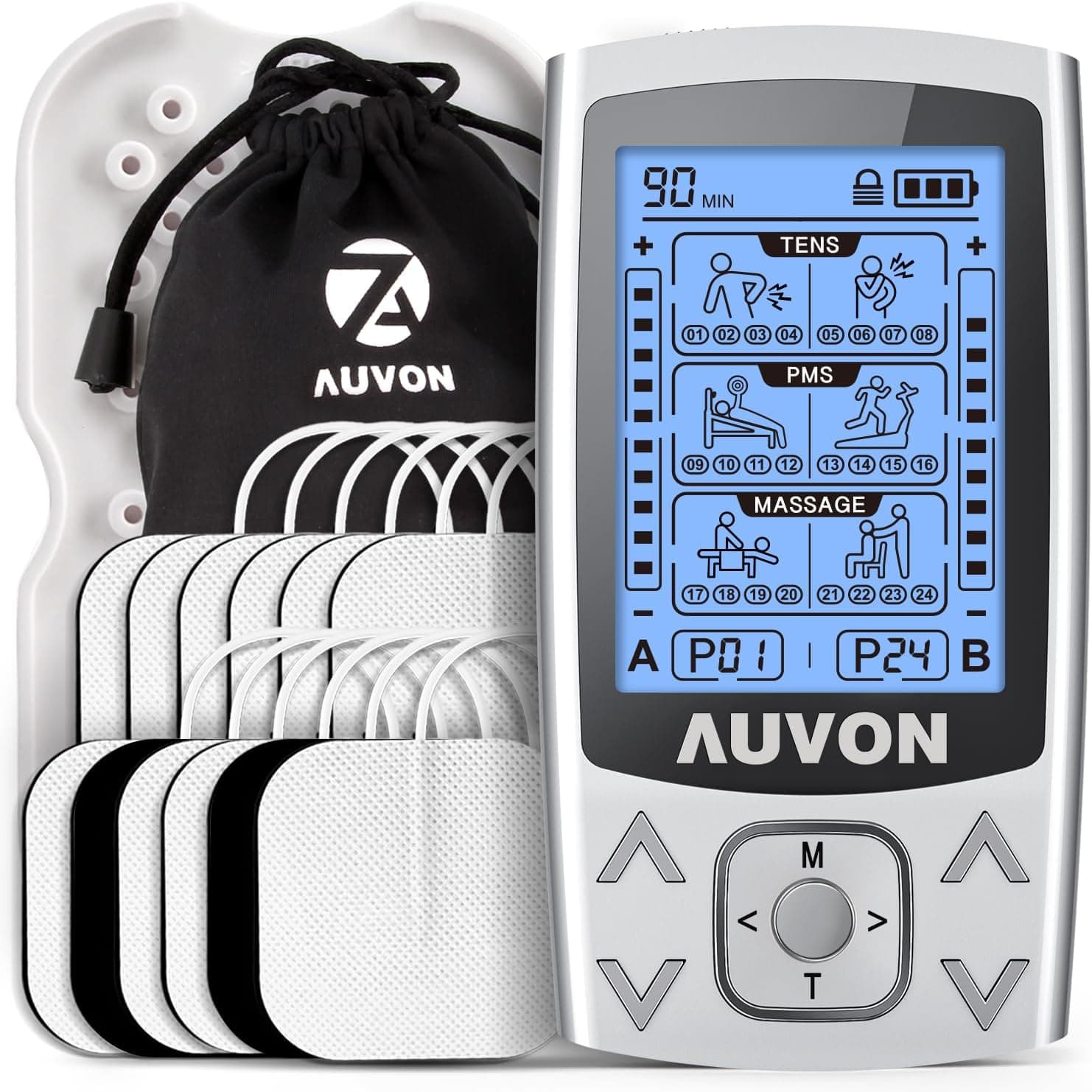 AUVON TENS Machine for Pain Relief, Independent Dual-Channel, 24 Modes Rechargeable with 12 Pads