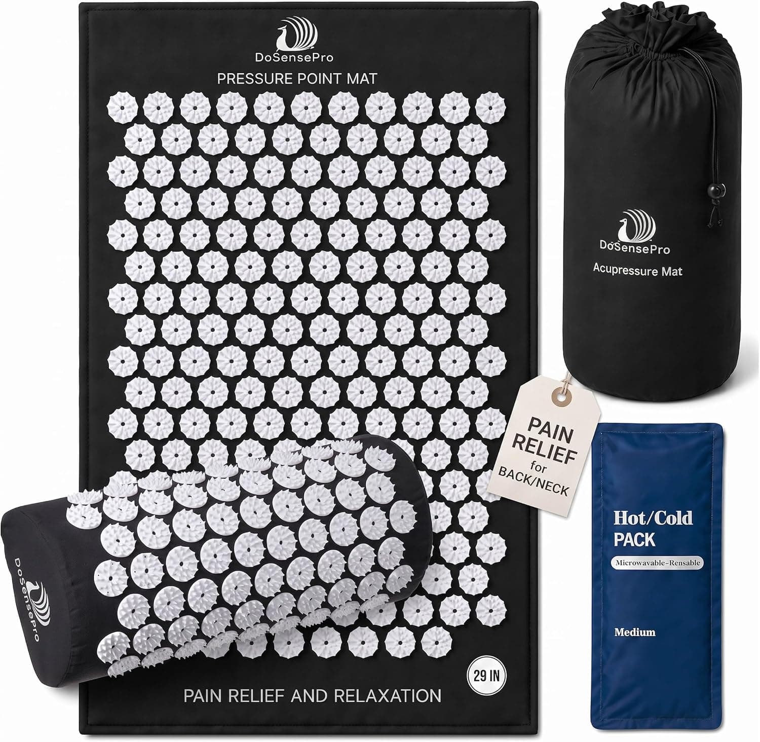 Acupressure Mat & Pillow Set - Acupressure Therapy for Back and Neck Pain Relief (Black)