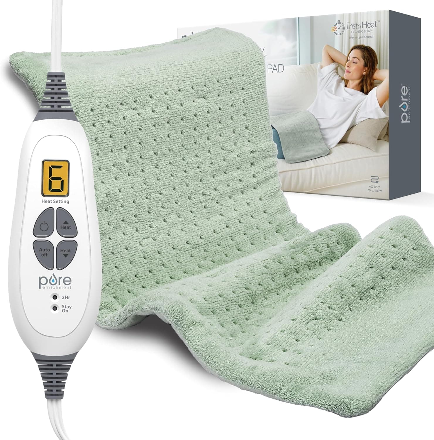 Pure Enrichment PureRelief XL Heating Pad 12 x 24, 6 Heat Settings, Auto-Off and Moist Heat (Zen Green)