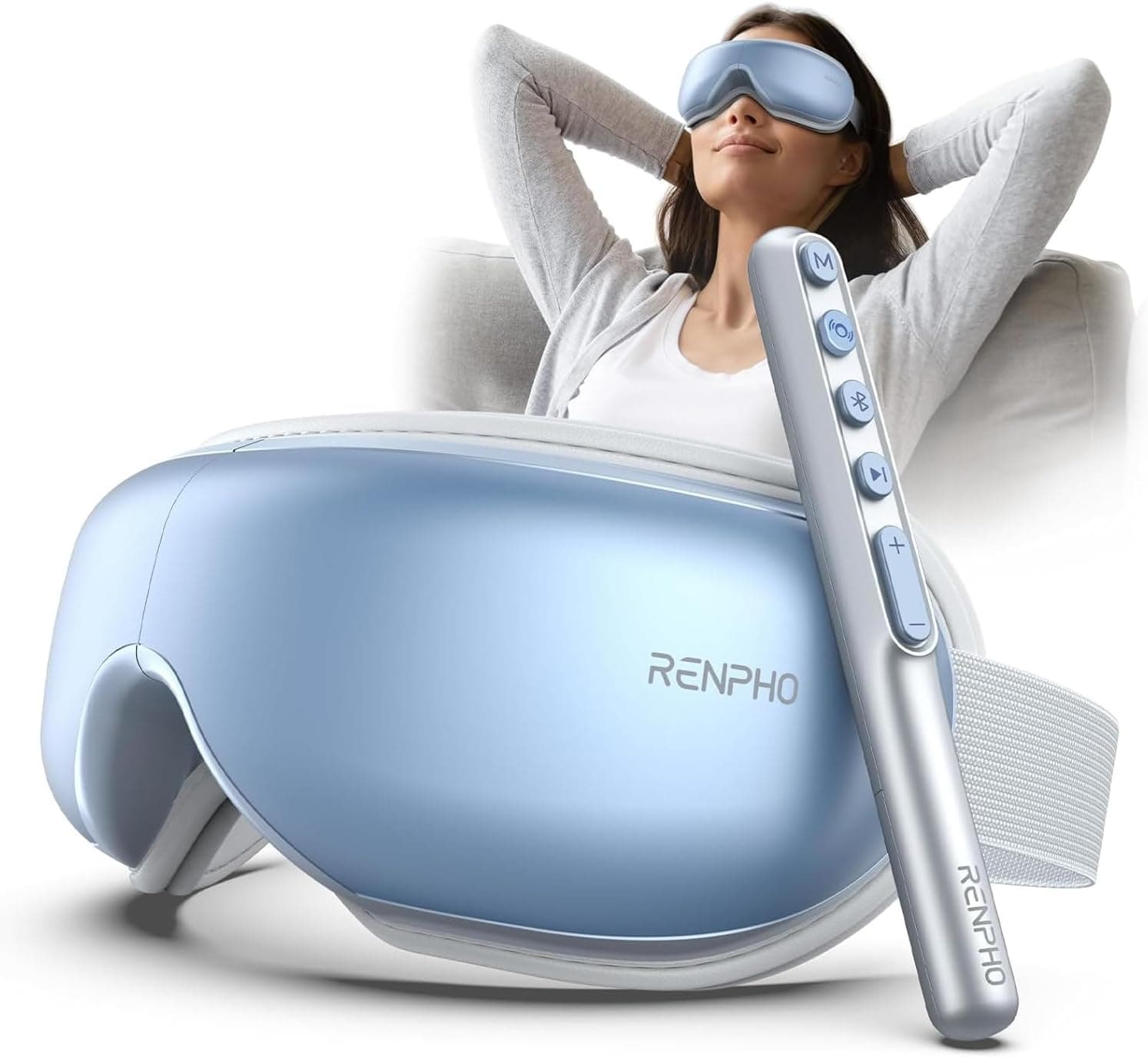RENPHO Eye Massager with Heat, Eyeris 1 with Remote, Sleep Mask (Sky Blue)