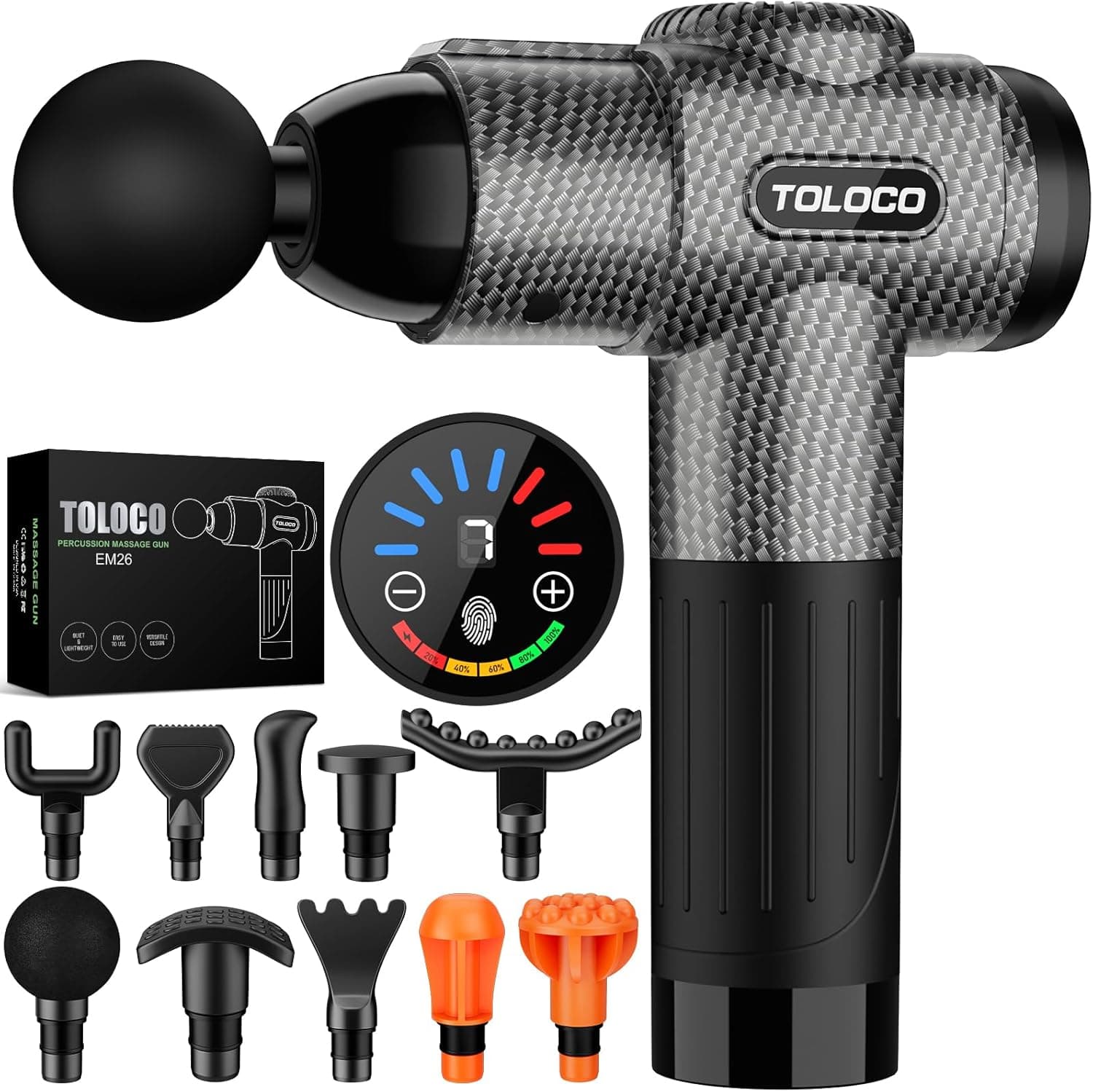 TOLOCO Massage Gun, Deep Tissue Back Massage for Athletes, Percussion Massager with 10 Heads & Silent Brushless Motor (Carbon)