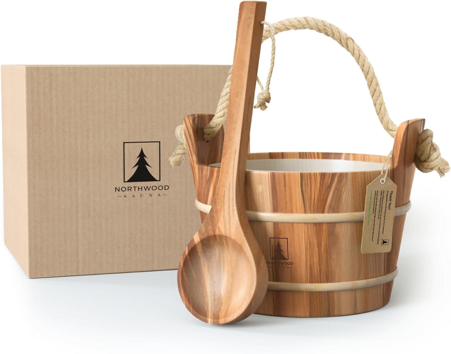 Northwood Sauna Bucket and Ladle Set, Canadian Red Cedar Wood, Natural Rope Handle, 1 Gallon (4L)