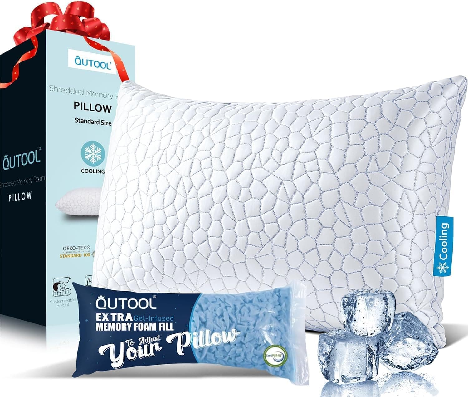 QUTOOL Cooling Pillow for Sleeping, CertiPUR-US Shredded Memory Foam Standard Pillow Set of 1