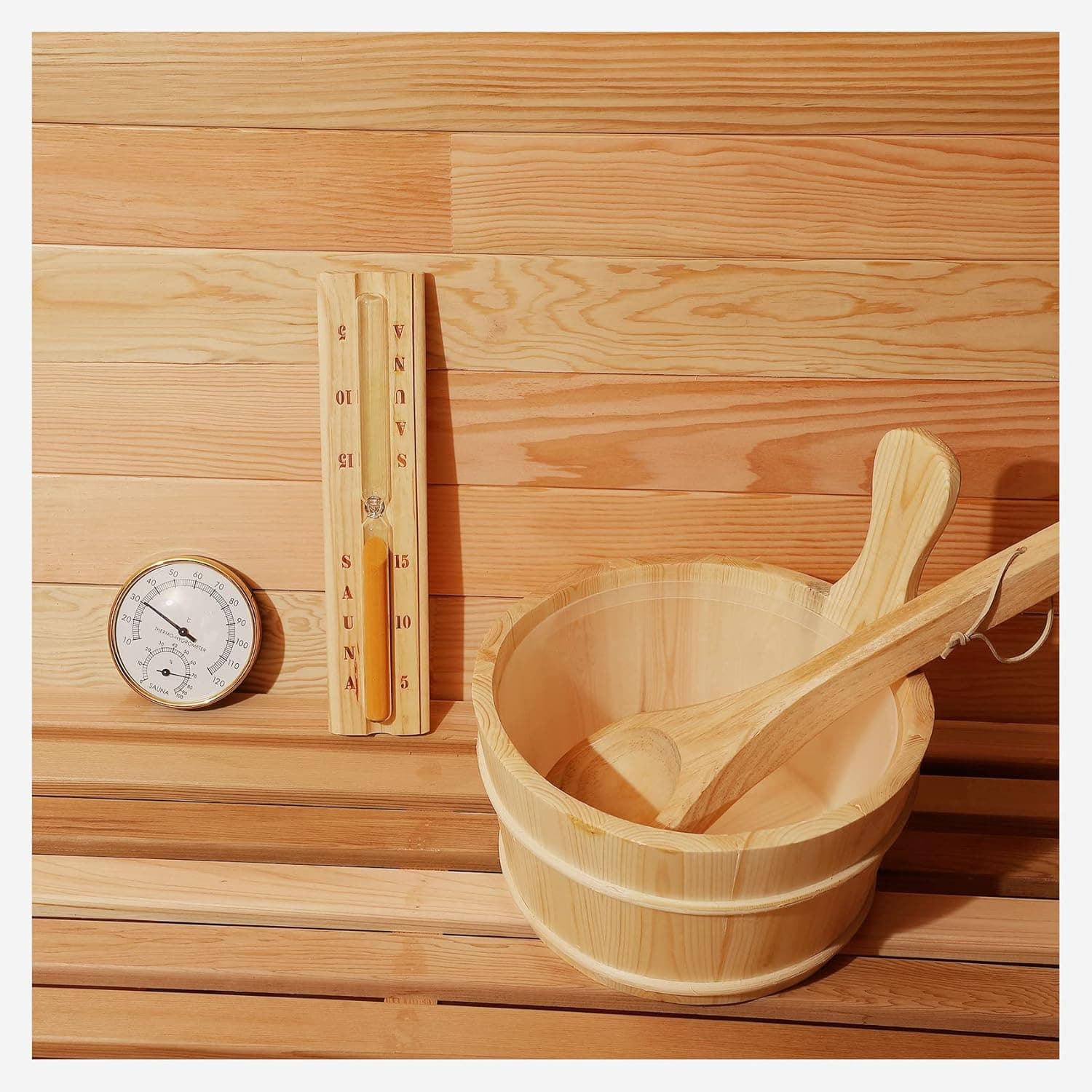amocane Wooden Sauna Bucket with 3L Plastic Liner, Ladle, Thermometer and 15 Minute Hourglass Sand Timer Kit