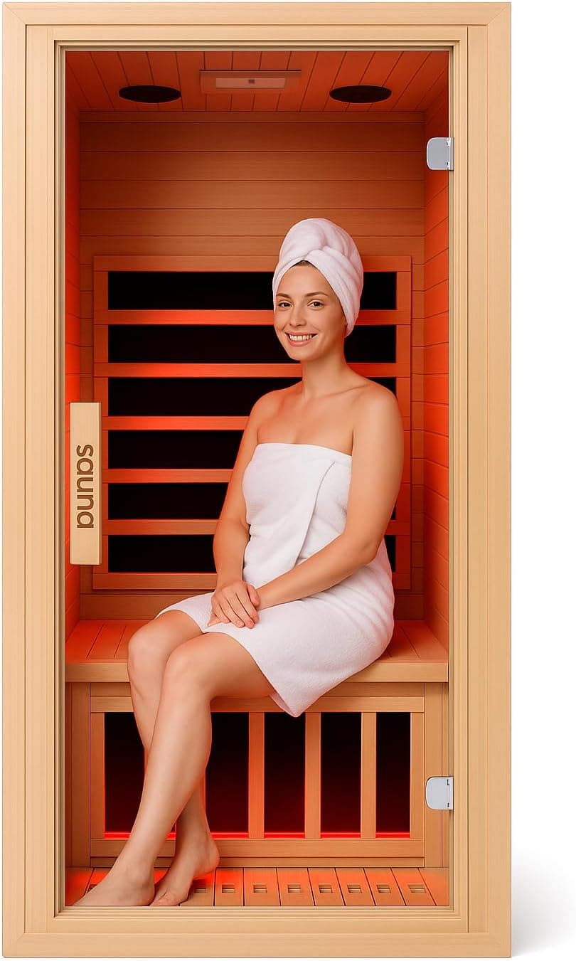 Homsido Infrared Home Sauna Room 1 Person Hemlock Wooden Indoor Dry Sauna, Low EMF 1200W/110V Heaters Panels, LCD Control Panel, 10 Minutes Pre-Warm up