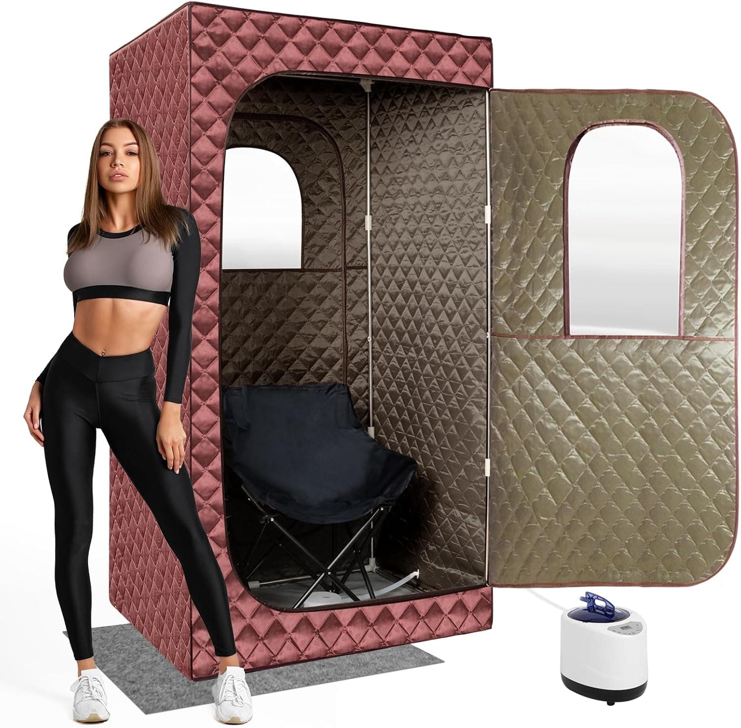 aledaras Portable Steam Sauna for Home Spa, Full Size Sauna Tent Box with 3L Steamer, Remote, Folding Chair (Brown)
