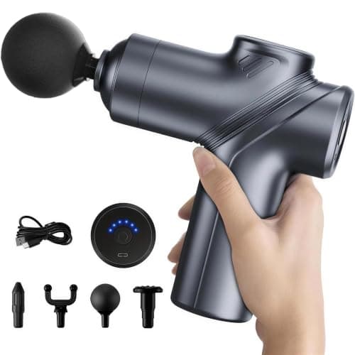 LEERCON Massage Gun Deep Tissue Mini Muscle Massager for Pain Relief, Blue | Small Portable Handheld Massager Gun, Back and Neck Massager for Pain Relief, 6 Speed & 4 Heads, Birthday Gifts for Men Dad