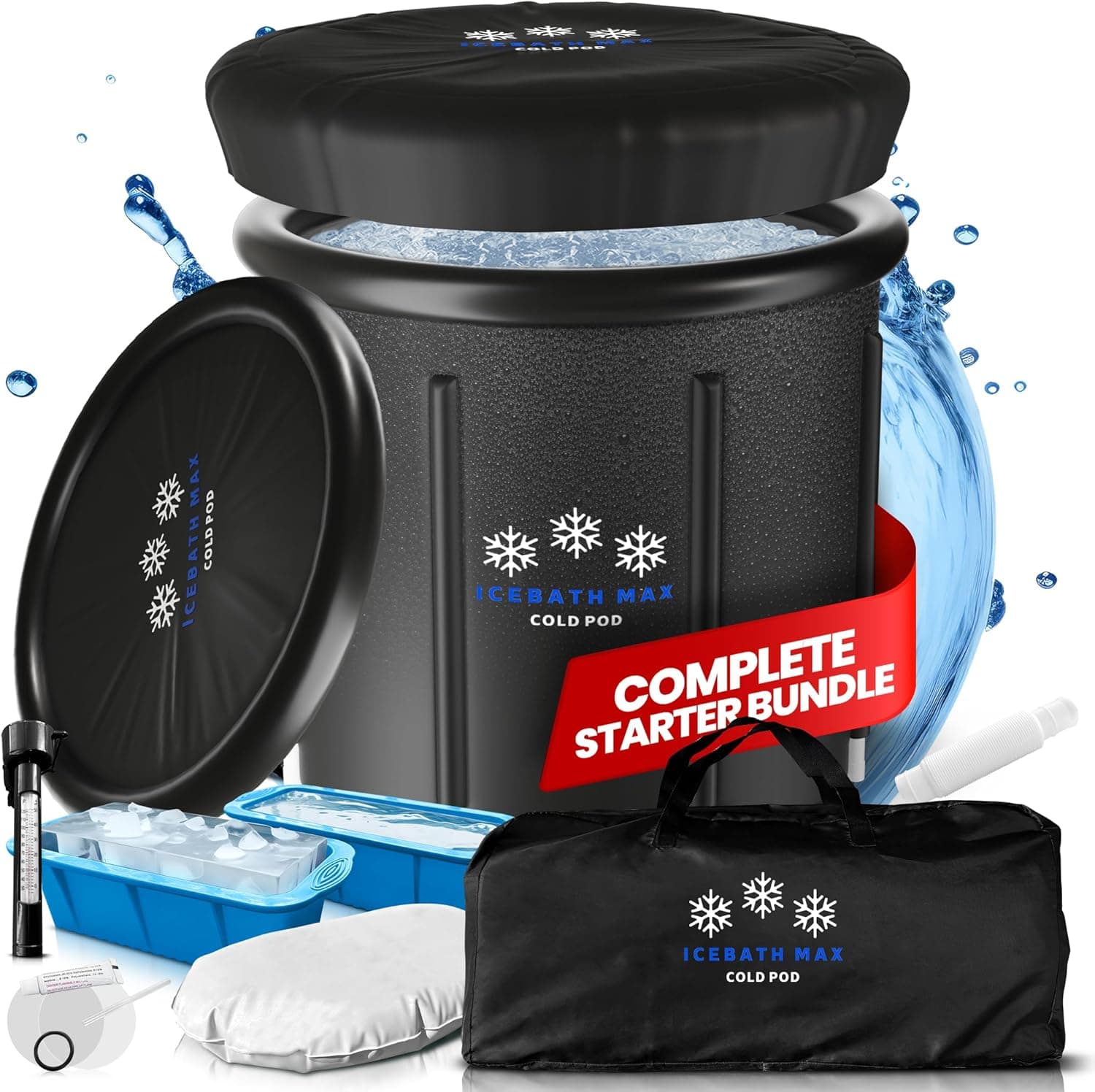 Cold Plunge Tub for Athletes - Complete Starter Bundle: Portable Ice Bath, 2x Reusable Ice Blocks, Thermometer, Ice Tub for Outdoor Cold Water Therapy