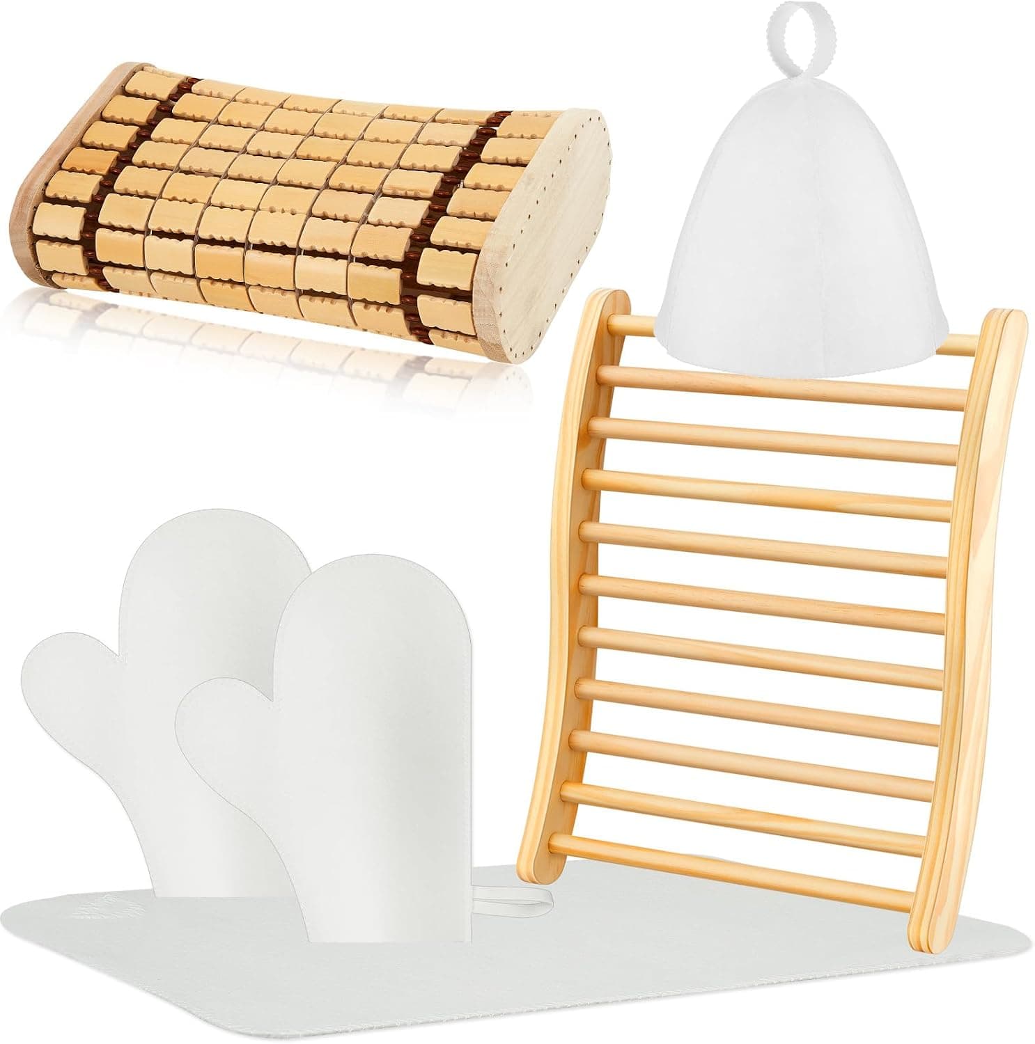 JaGely 5 Pcs Sauna Accessories Kit with Backrest, Wood Headrest Pillow, Hat, Seat Pad and Glove