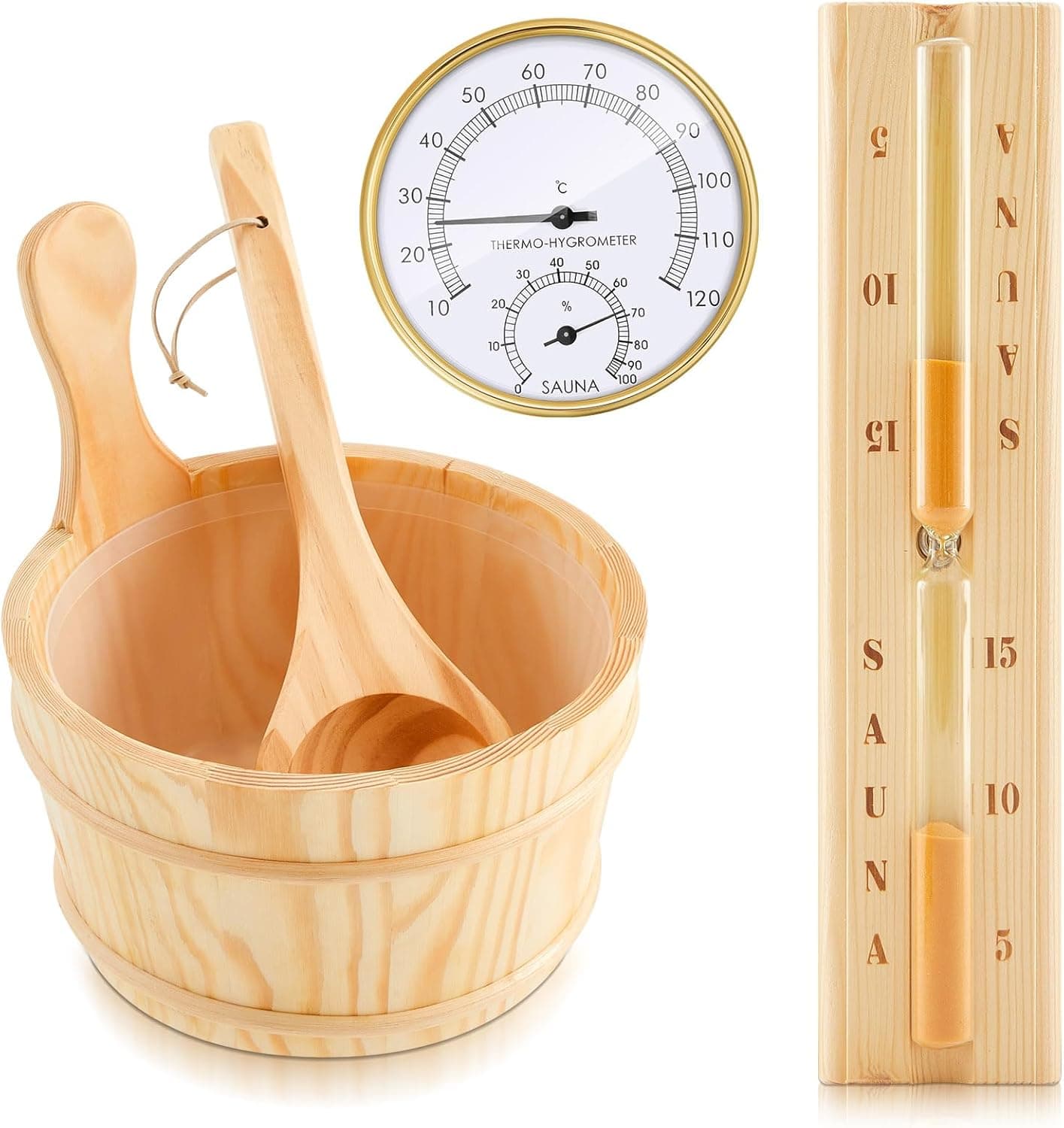 4 Pcs Sauna Accessories Set with Wooden Bucket and Liner, Ladle, 2-in-1 Thermometer Hygrometer, Hourglass Timer