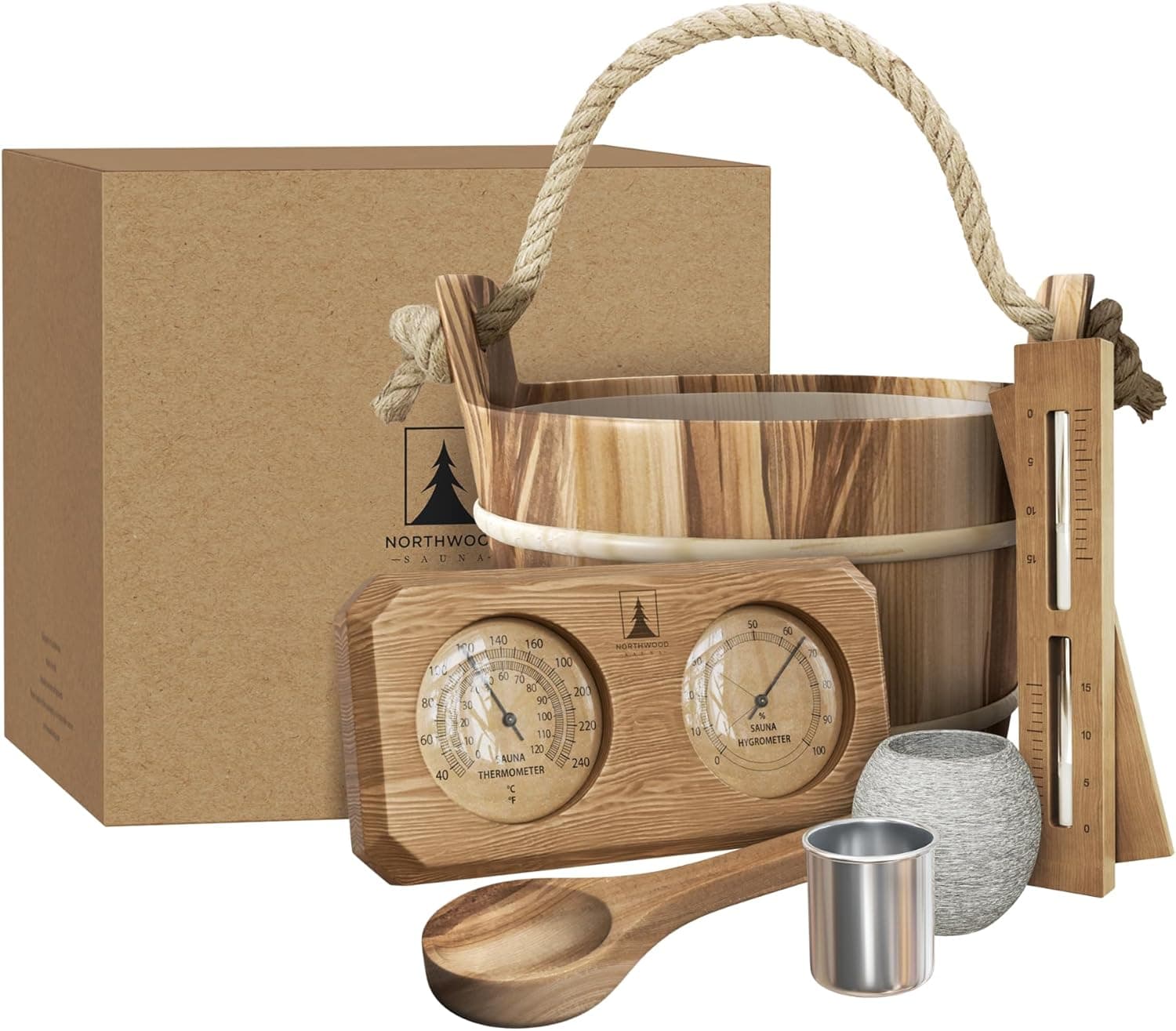 Northwood Sauna Accessories Kit, Canadian Red Cedar Core Set (Bucket and Ladle, Thermometer and Hygrometer, Sand Timer, Aromatherapy Cup)
