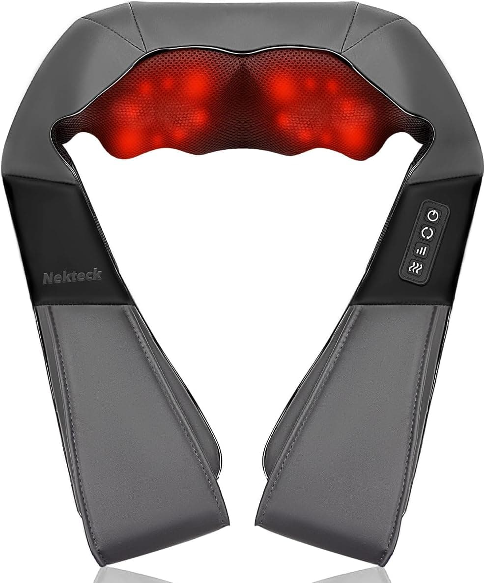 Nekteck Shiatsu Neck Massager with Heat for Pain Relief (Gray), 3D Back Shoulder Kneading Massage Pillow, 3 Intensity Speeds