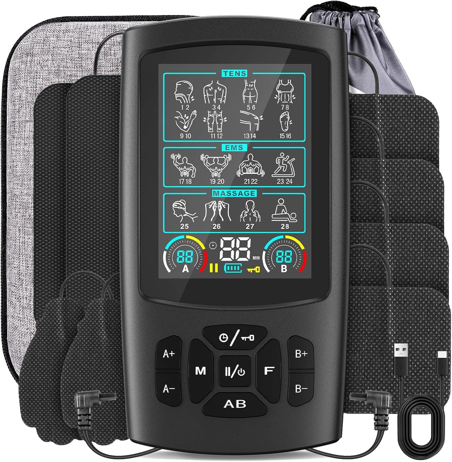 3-in-1 TENS Unit Muscle Stimulator with Color Display - Dual Channel EMS Machine, 28 Therapy Modes
