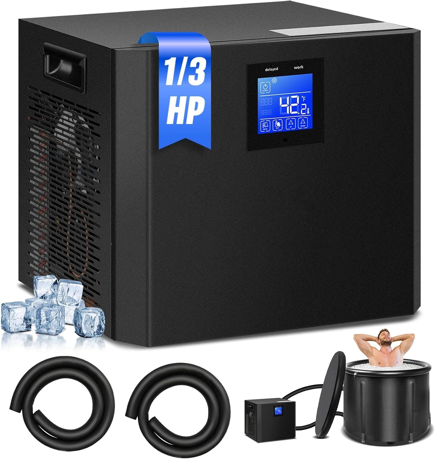 Water Chiller for Cold Plunge, 1/3 HP Ice Bath Chiller with Built-in Filter & Pump, Submersible Pump, Insulated Hoses 110V