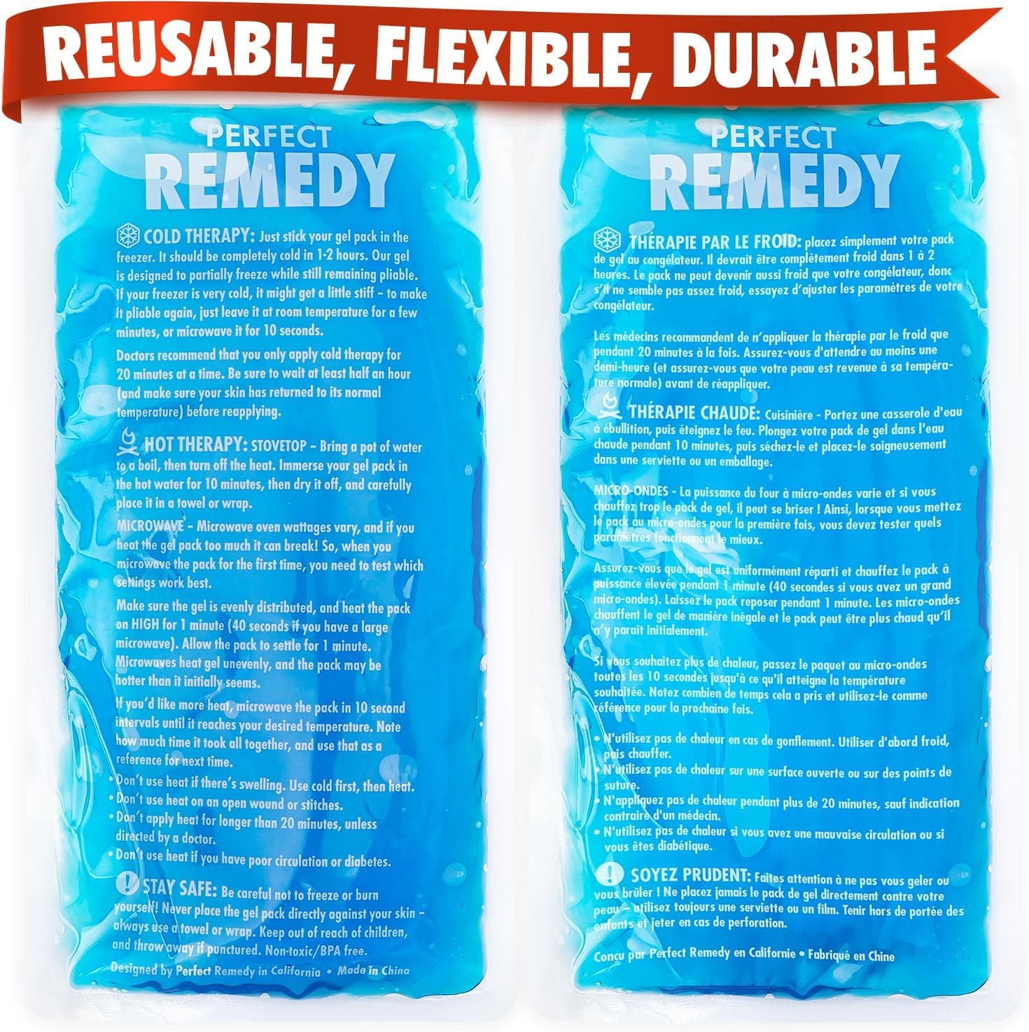 Perfect Remedy 2-Pack Gel Ice Packs for Injuries Reusable, Hot & Cold Pack, Durable Soft & Flexible (Blue, Reg 2PK)