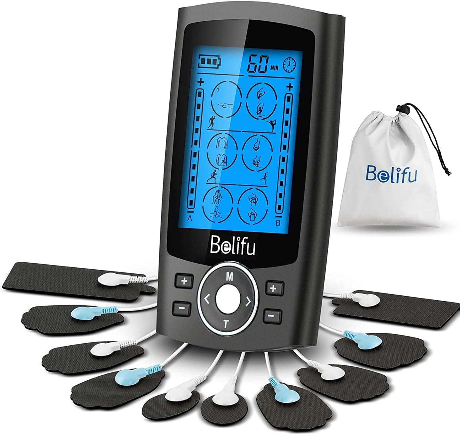 Belifu Dual Channel TENS EMS Unit 24 Modes Muscle Stimulator with 10 Pads