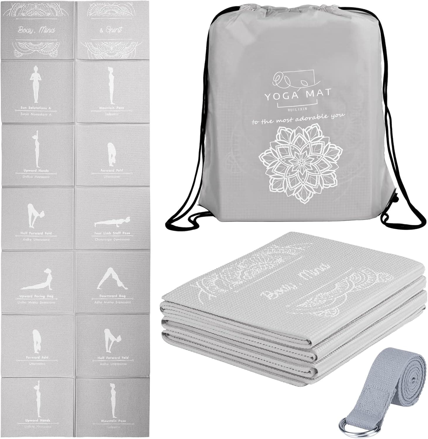 Foldable Yoga Mat for Women, Non Slip Exercise Mat 5mm Travel Set with Stretch Strap, 68L x 24W x 0.2 inch