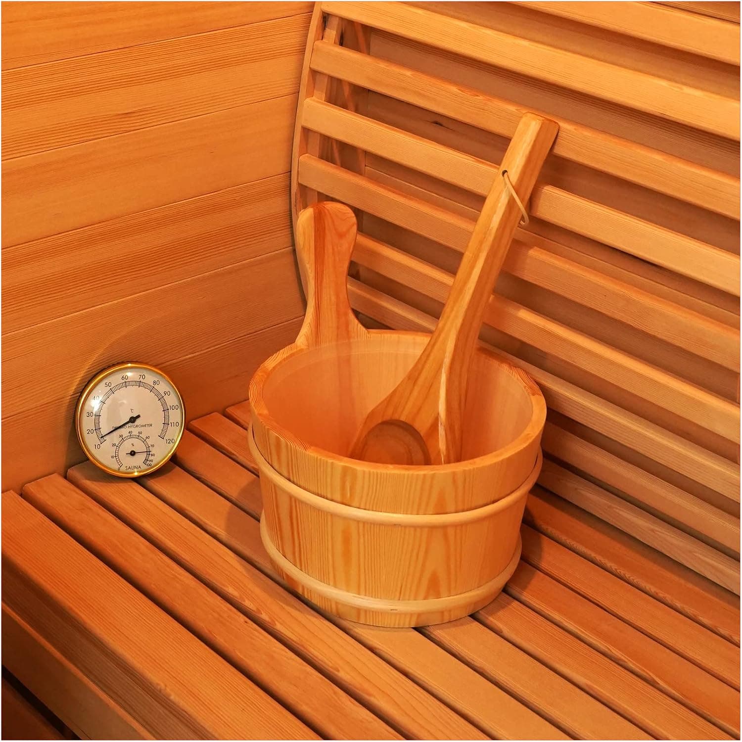 amocane Sauna Wooden Bucket and Ladle Kit with Thermometer for Any Barrel or Steam Sauna and Spa (Hemlock)