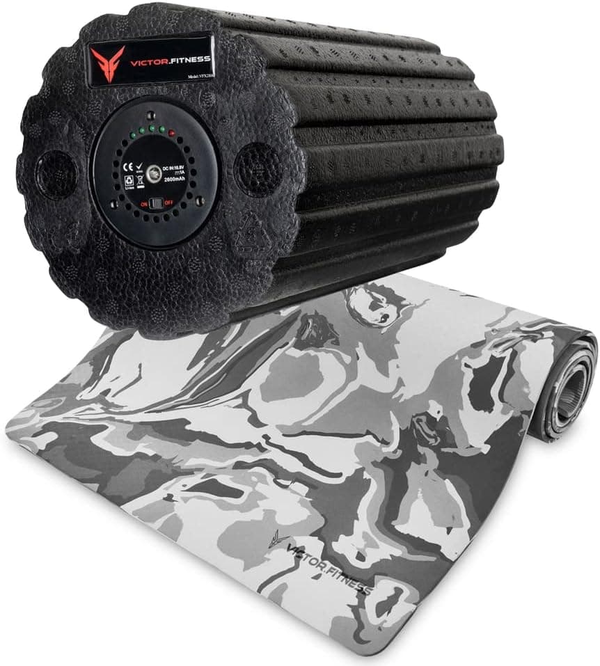 Victor Fitness Gray Camo TPE Yoga Mat + Vibrating Massage Recovery Roller with Travel Straps