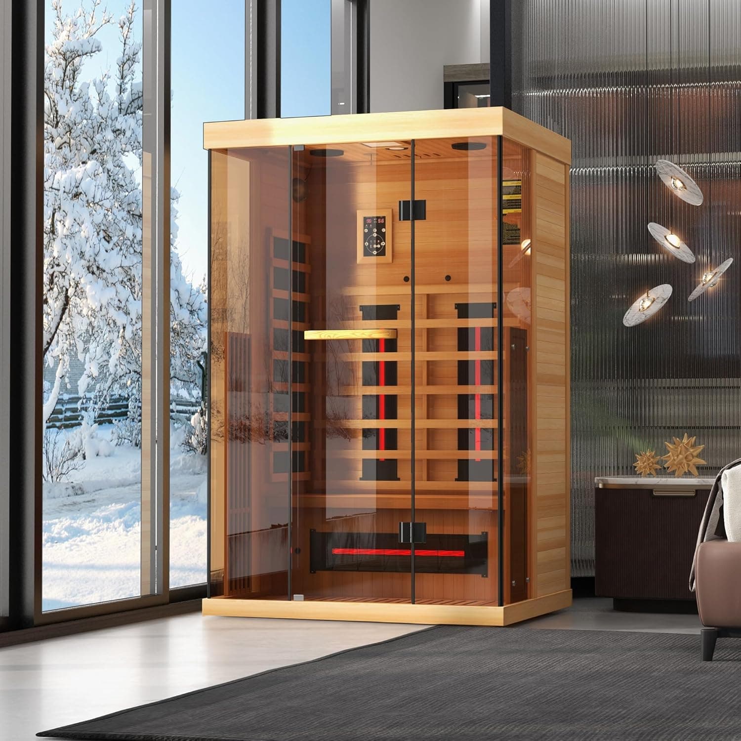 BNEHS Infrared Sauna, 1-2 Person Home Sauna with 10 Minutes Warm-up Heater Tubes & Panels, Personal Sauna Spa Room with 2-in-1 Door Handle, Canadian Hemlock