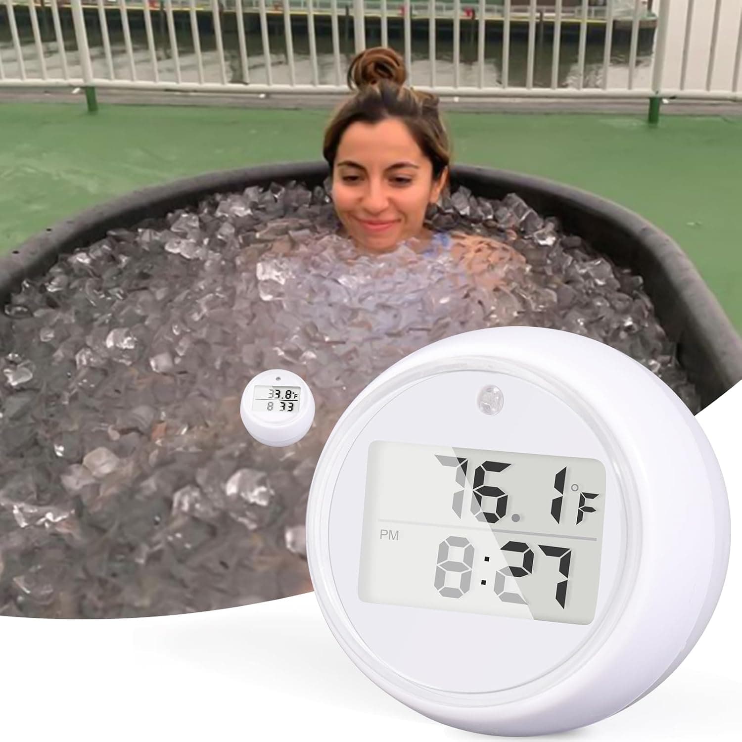 Ice Bath Thermometer with Timer, Small Floating Waterproof Thermometer for Hot-Cold Bath, Cold Plunge Essential Tool with Clear Display/Flashing Light/Time Alert