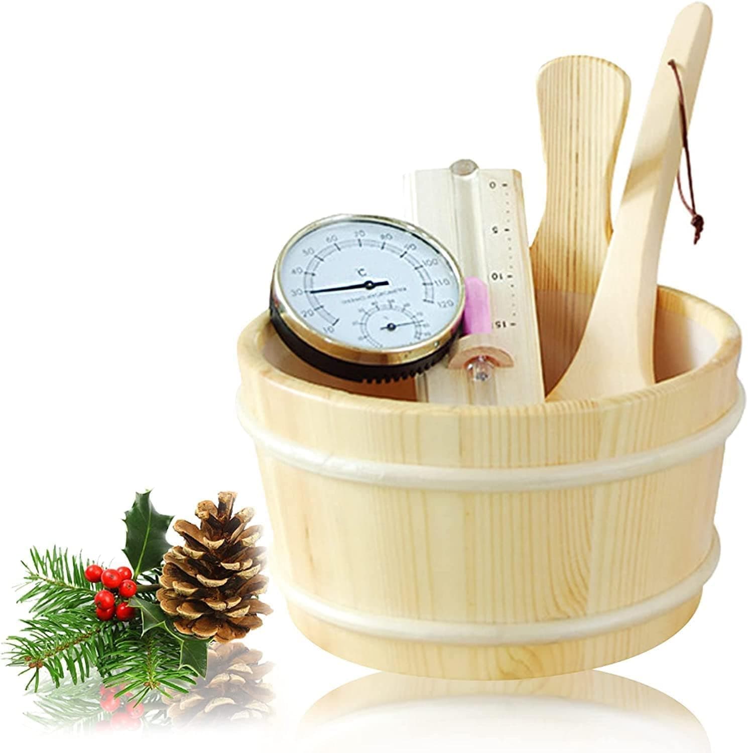 Sauna Bucket and Ladle Set, 5pcs 4L Cedar Wooden Bucket Kit with Thermometer Hygrometer, Hourglass and Attachment