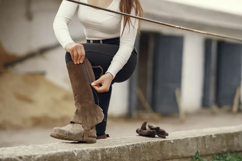 A woman wearing riding boots stoops to zip them up near a stable, preparing for horseback riding