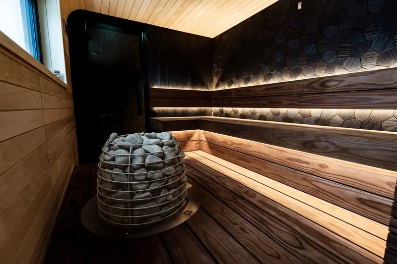Elegant indoor sauna featuring warm wood textures and modern design elements, ideal for relaxation